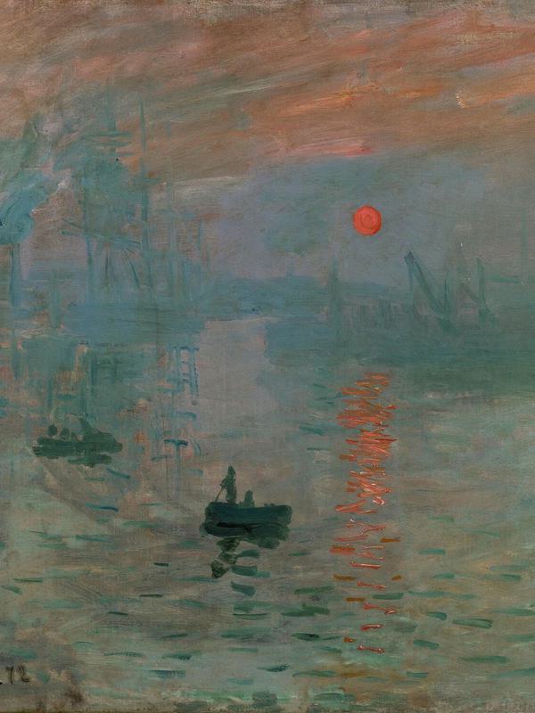 Impression, soleil levant de Claude Monet : un soleil orange sur le port du Havre dans la brume bleutée.