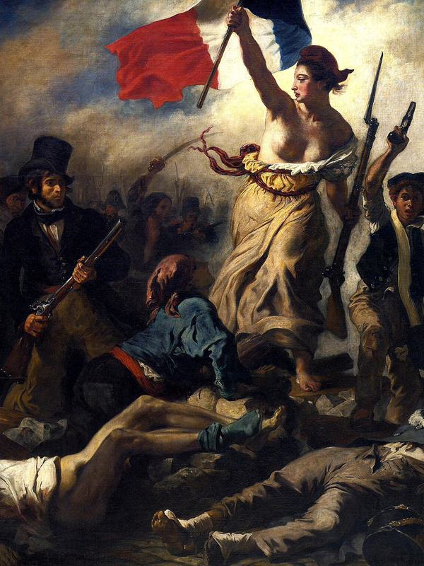 La Liberté guidant le peuple, peinture d'Eugène Delacroix : une femme brandit le drapeau tricolore au-dessus des barricades.