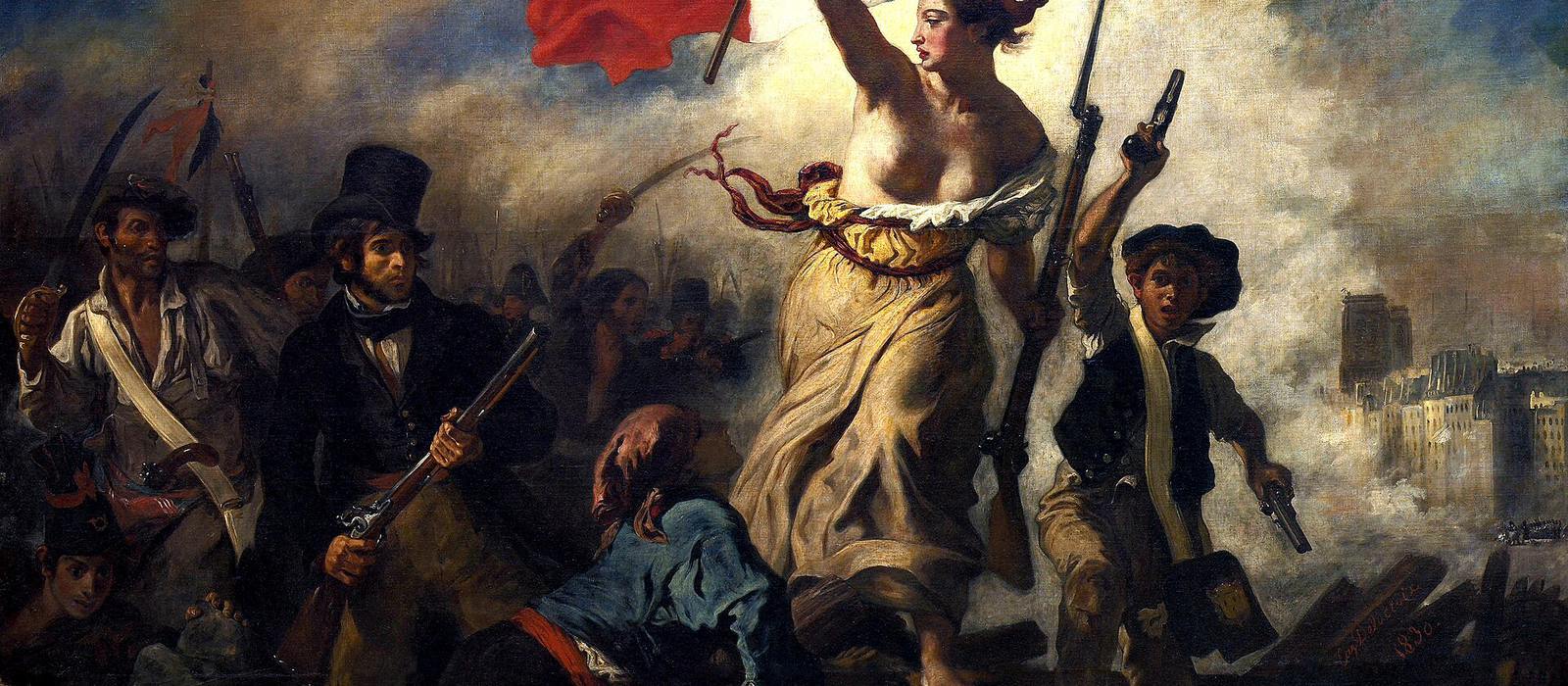 Détail de La Liberté guidant le peuple : la foule armée avance dans la fumée des barricades.
